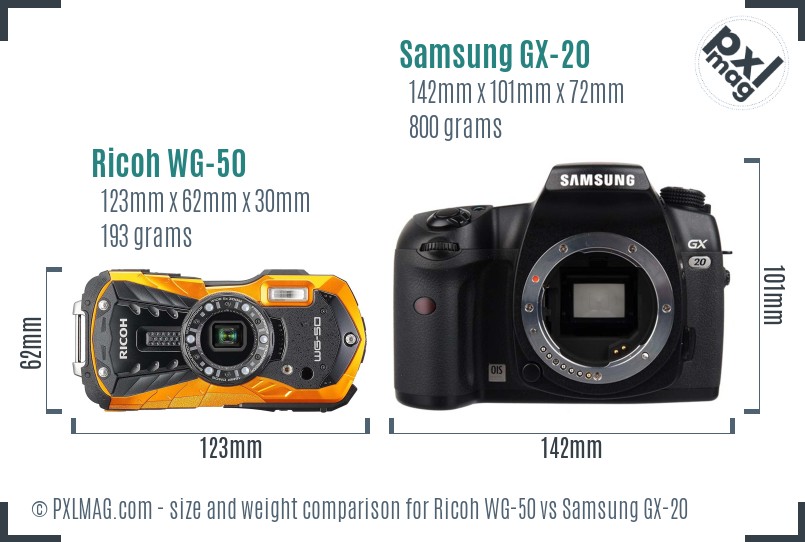 Ricoh WG-50 vs Samsung GX-20 size comparison