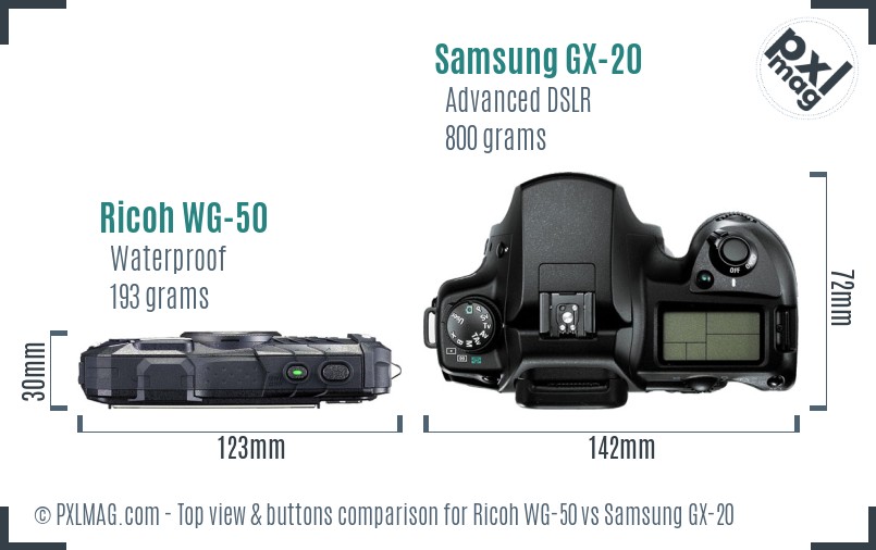 Ricoh WG-50 vs Samsung GX-20 top view buttons comparison