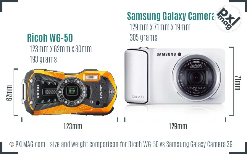 Ricoh WG-50 vs Samsung Galaxy Camera 3G size comparison