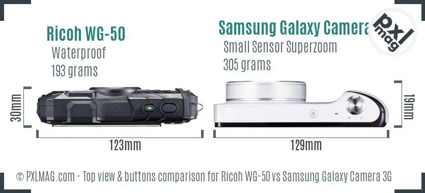 Ricoh WG-50 vs Samsung Galaxy Camera 3G top view buttons comparison