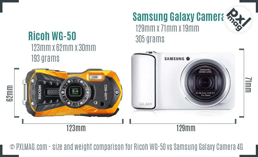 Ricoh WG-50 vs Samsung Galaxy Camera 4G size comparison