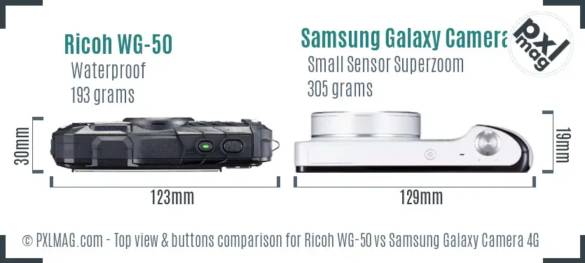 Ricoh WG-50 vs Samsung Galaxy Camera 4G top view buttons comparison