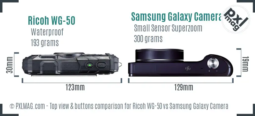Ricoh WG-50 vs Samsung Galaxy Camera top view buttons comparison