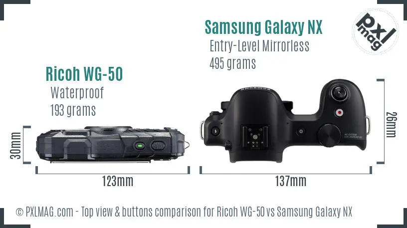 Ricoh WG-50 vs Samsung Galaxy NX top view buttons comparison