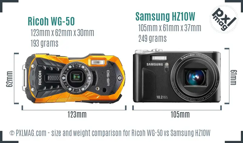 Ricoh WG-50 vs Samsung HZ10W size comparison