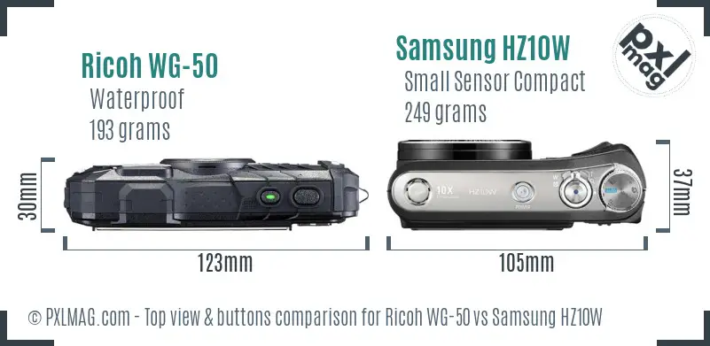 Ricoh WG-50 vs Samsung HZ10W top view buttons comparison