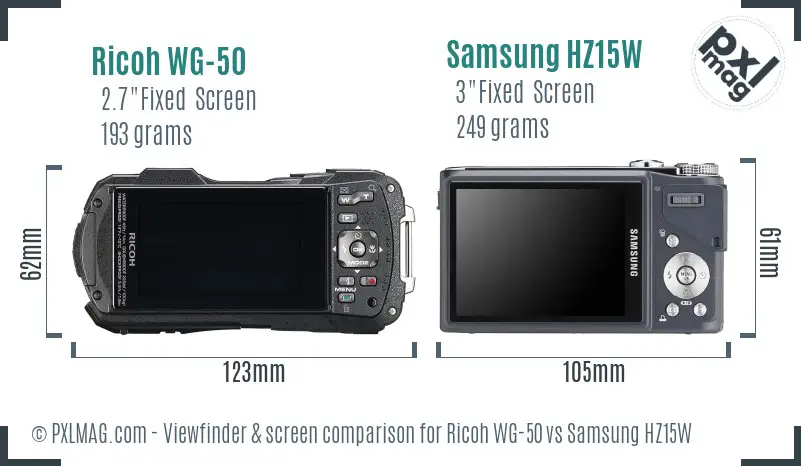 Ricoh WG-50 vs Samsung HZ15W Screen and Viewfinder comparison
