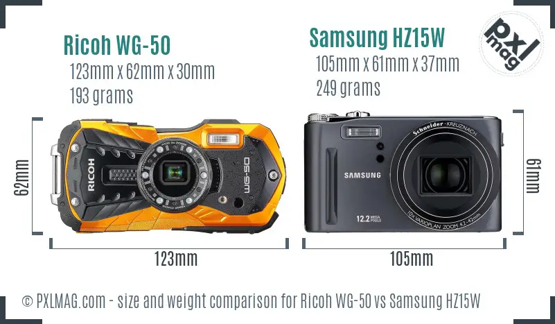 Ricoh WG-50 vs Samsung HZ15W size comparison