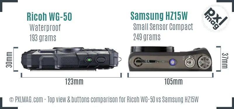 Ricoh WG-50 vs Samsung HZ15W top view buttons comparison