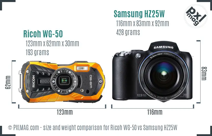 Ricoh WG-50 vs Samsung HZ25W size comparison