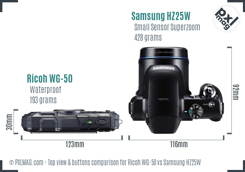 Ricoh WG-50 vs Samsung HZ25W top view buttons comparison