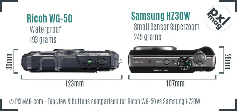 Ricoh WG-50 vs Samsung HZ30W top view buttons comparison