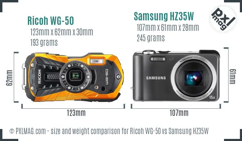 Ricoh WG-50 vs Samsung HZ35W size comparison