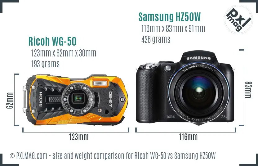 Ricoh WG-50 vs Samsung HZ50W size comparison