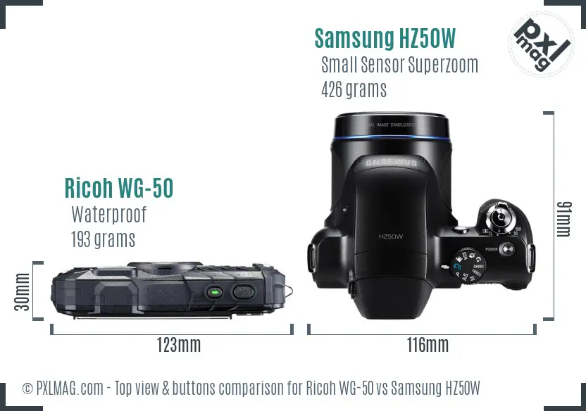 Ricoh WG-50 vs Samsung HZ50W top view buttons comparison
