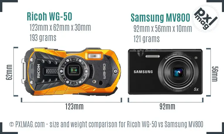 Ricoh WG-50 vs Samsung MV800 size comparison