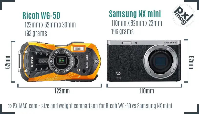 Ricoh WG-50 vs Samsung NX mini size comparison