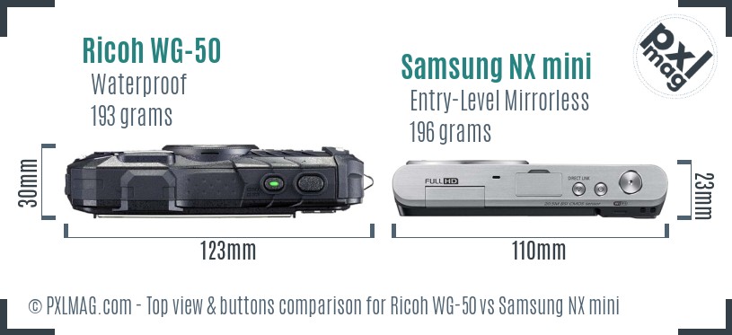 Ricoh WG-50 vs Samsung NX mini top view buttons comparison