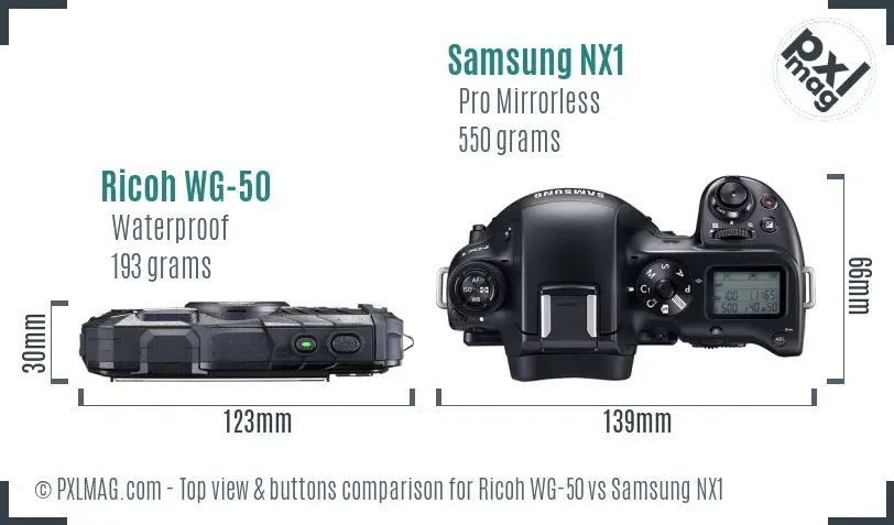 Ricoh WG-50 vs Samsung NX1 top view buttons comparison