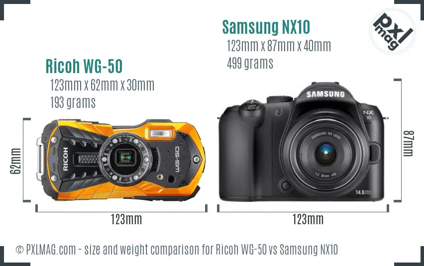 Ricoh WG-50 vs Samsung NX10 size comparison