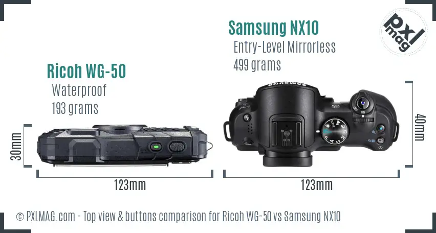 Ricoh WG-50 vs Samsung NX10 top view buttons comparison
