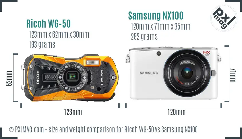Ricoh WG-50 vs Samsung NX100 size comparison