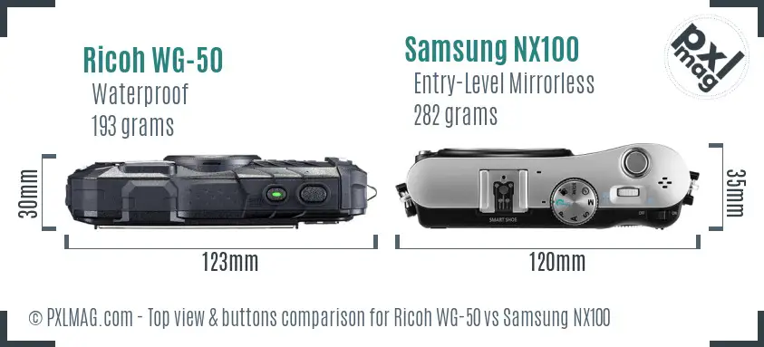Ricoh WG-50 vs Samsung NX100 top view buttons comparison