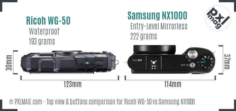 Ricoh WG-50 vs Samsung NX1000 top view buttons comparison
