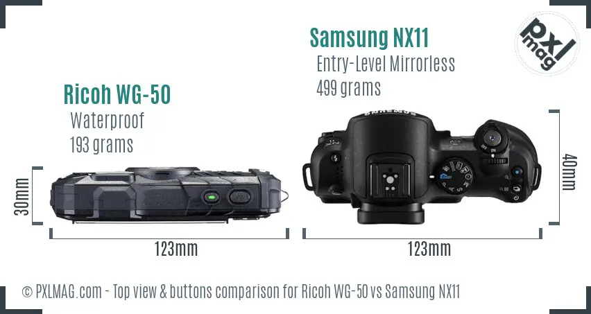 Ricoh WG-50 vs Samsung NX11 top view buttons comparison