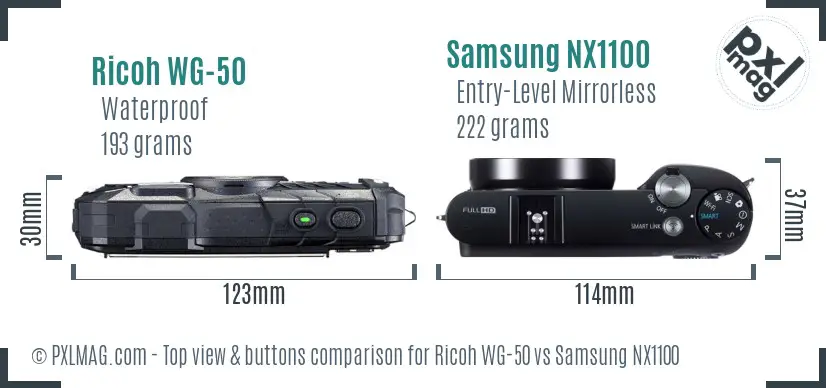 Ricoh WG-50 vs Samsung NX1100 top view buttons comparison
