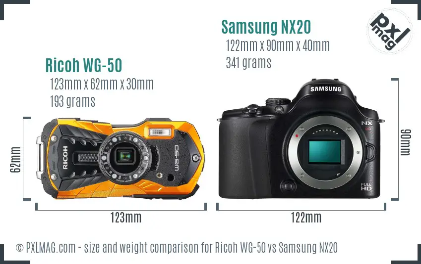 Ricoh WG-50 vs Samsung NX20 size comparison