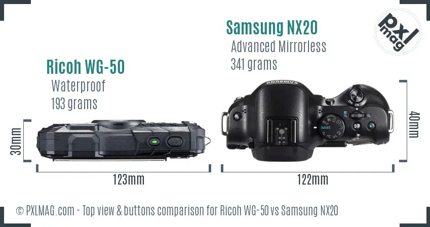 Ricoh WG-50 vs Samsung NX20 top view buttons comparison