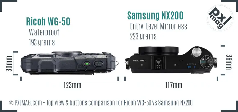 Ricoh WG-50 vs Samsung NX200 top view buttons comparison