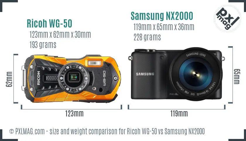 Ricoh WG-50 vs Samsung NX2000 size comparison