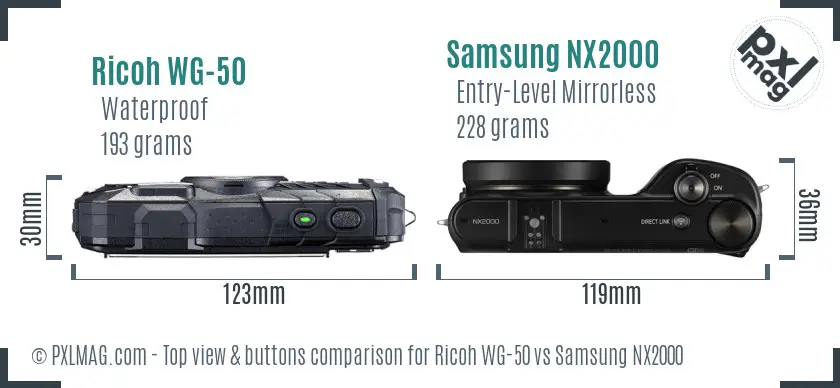 Ricoh WG-50 vs Samsung NX2000 top view buttons comparison