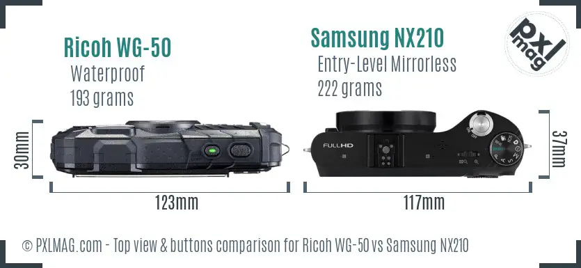 Ricoh WG-50 vs Samsung NX210 top view buttons comparison