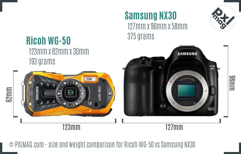 Ricoh WG-50 vs Samsung NX30 size comparison