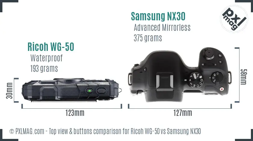 Ricoh WG-50 vs Samsung NX30 top view buttons comparison
