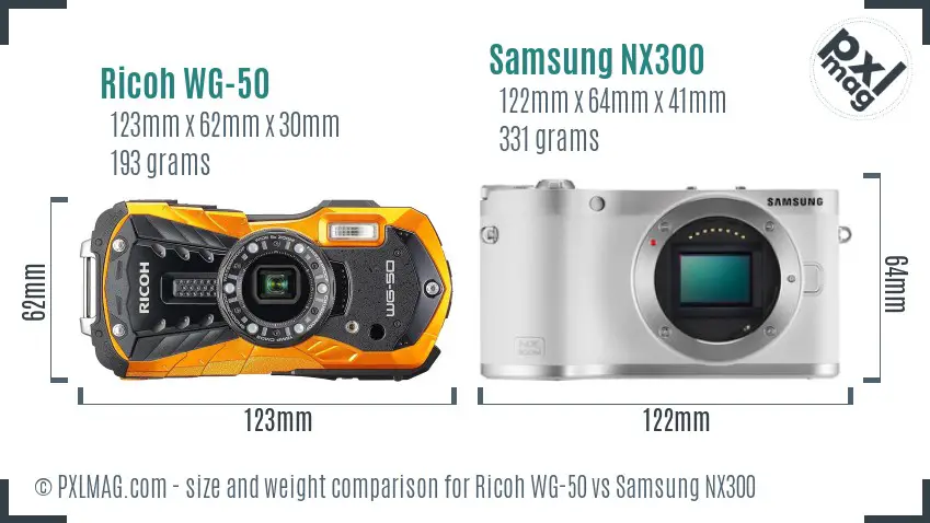 Ricoh WG-50 vs Samsung NX300 size comparison