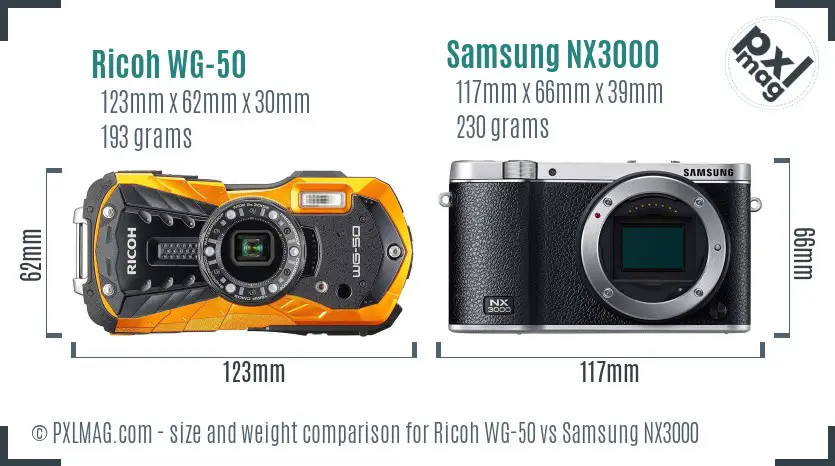 Ricoh WG-50 vs Samsung NX3000 size comparison