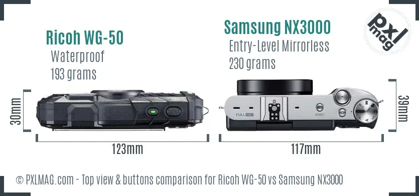 Ricoh WG-50 vs Samsung NX3000 top view buttons comparison