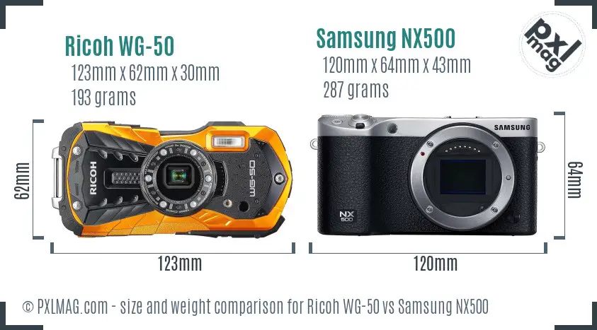 Ricoh WG-50 vs Samsung NX500 size comparison