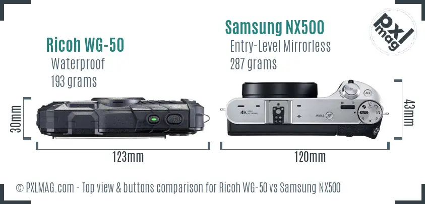Ricoh WG-50 vs Samsung NX500 top view buttons comparison