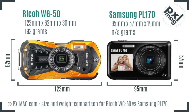 Ricoh WG-50 vs Samsung PL170 size comparison