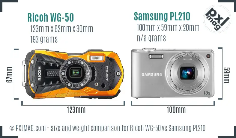 Ricoh WG-50 vs Samsung PL210 size comparison