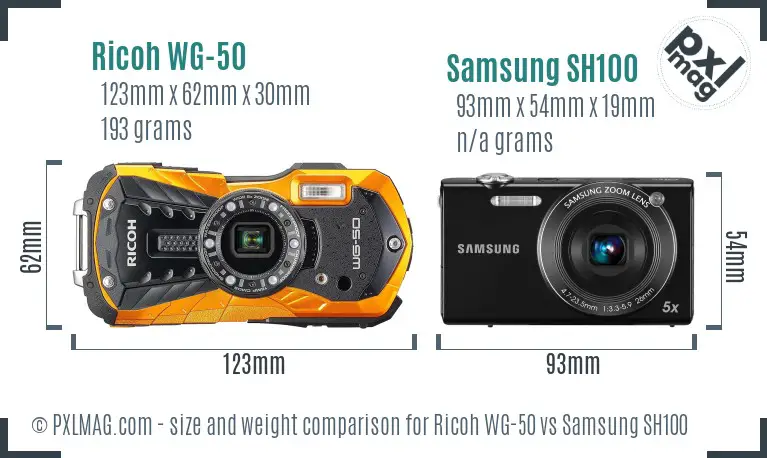 Ricoh WG-50 vs Samsung SH100 size comparison