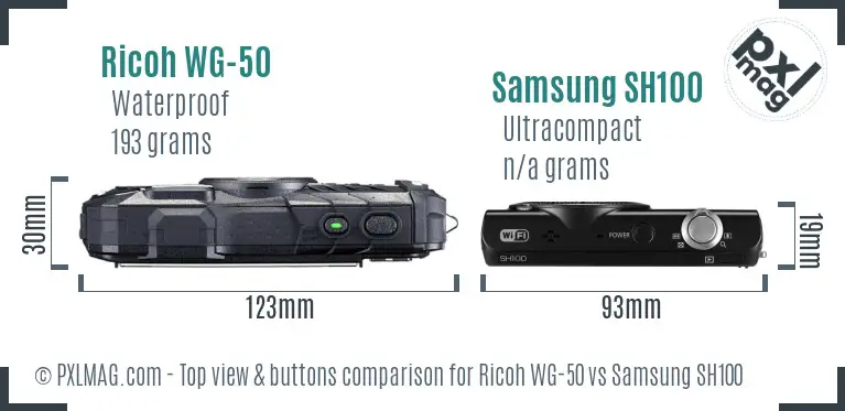 Ricoh WG-50 vs Samsung SH100 top view buttons comparison