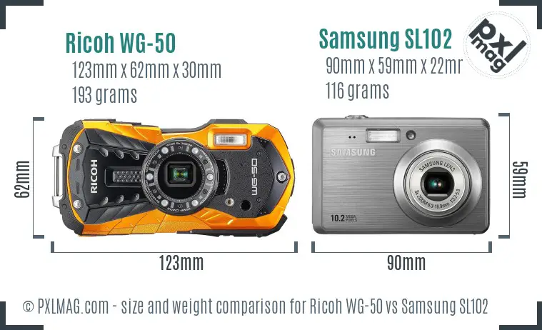 Ricoh WG-50 vs Samsung SL102 size comparison