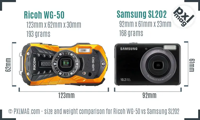 Ricoh WG-50 vs Samsung SL202 size comparison