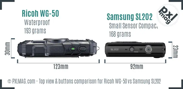 Ricoh WG-50 vs Samsung SL202 top view buttons comparison